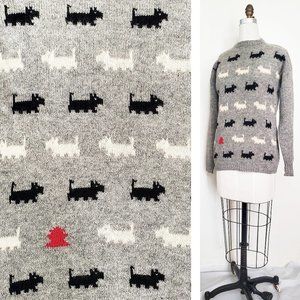 Vintage 80s Concepts Womens Scottie Dog Scottish Terrier Grey Wool Knit Sweater